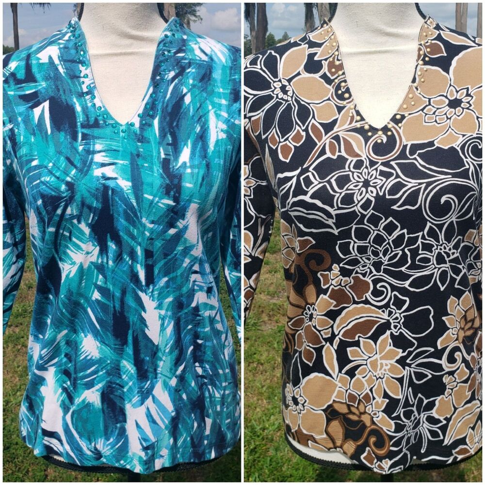 Lot Of 2 Ruby Rd Blouses Sz Sm Jeweled Embellished Palm Floral 3/4 Slve Blue/Grn